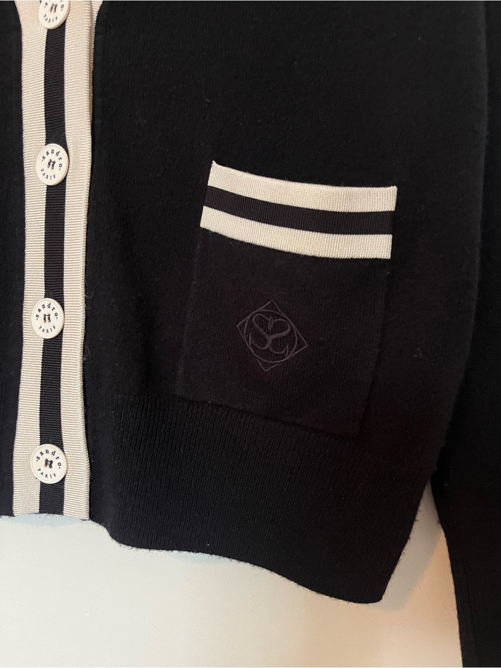 Sandro Paris Black & Cream Wool Cashmere Varsity Cardigan Size 1 Small - Picture 5 of 13